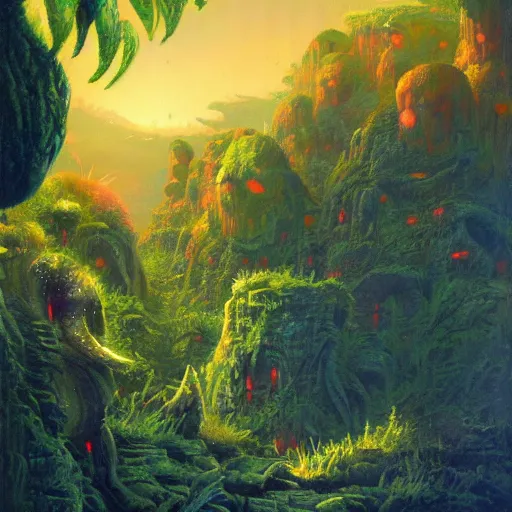 Image similar to illustration of a lush natural scene on an alien planet by paul lehr. extremely detailed. beautiful landscape. weird vegetation. cliffs and water.