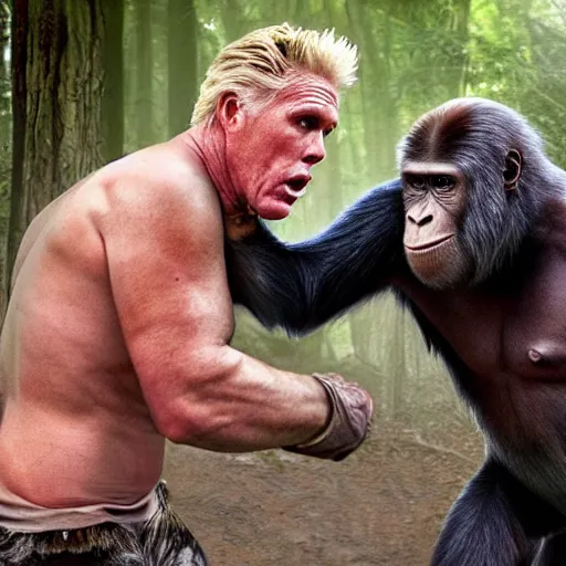 Prompt: stunning award winning hyperrealistic hdr 8 k highly detailed photo of garry busey fighting an ape, combat, fight, aggression