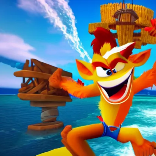 Prompt: crash bandicoot riding a monkey in an ocean