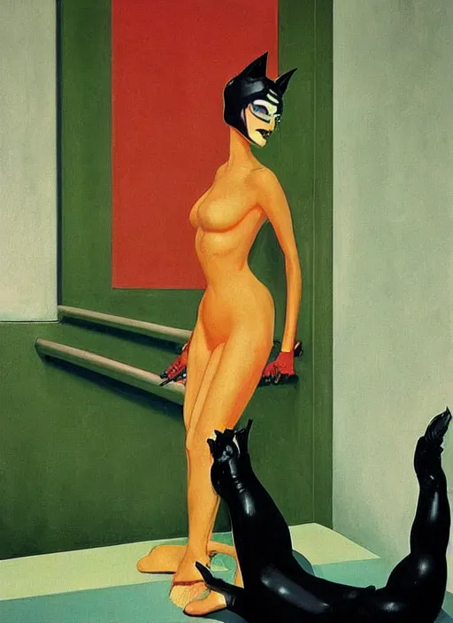 Image similar to catwoman in latex with hysterical facial expression at the art deco hospital painting by Edward Hopper and James Gilleard, Zdzislaw Beksinski highly detailed