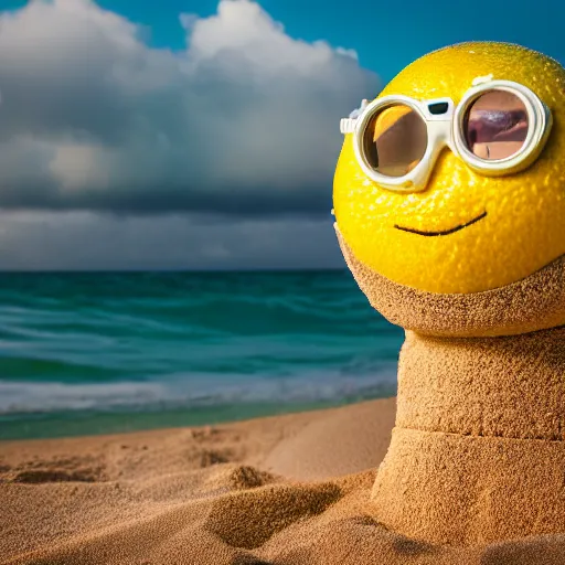 Image similar to 5 0 mm photograph, of a real anthropomorphic lemon character, with lemon skin texture, it is wearing a hat and scuba diving suit, building a sandcastle on the beach at sunset, beach, huge waves, sun, clouds, tropical trees, rim light, cinematic photography, professional, sand, sandcastle, volumetric lightening