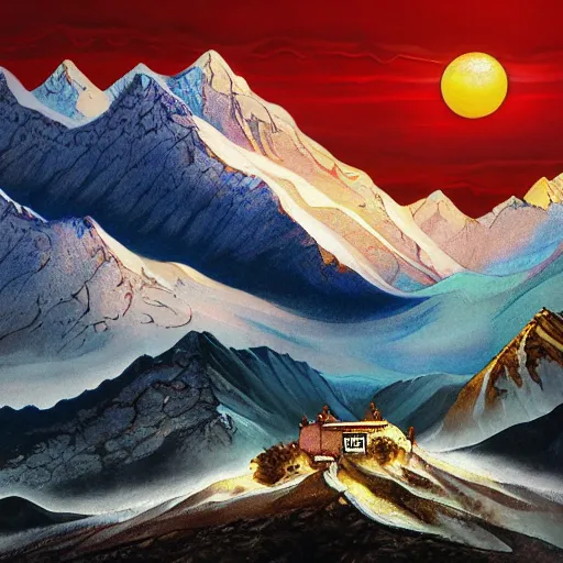 Image similar to omar shanti himalaya tibet, acrilic paint, digital, artstation, detailed intricate ink illustration, heavenly atmosphere, digital art, overdetailed art, concept art, complementing colors, trending on artstation, cgstudio, the most beautiful image ever created, dramatic, subtle, details, award winning artwork, beautiful scenery