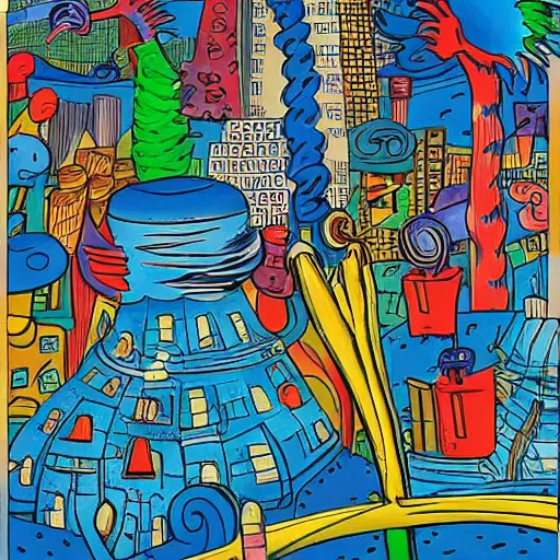 Prompt: dr. seuss surrealism city | midnight paintings | intricate detail | bold colors | illustration