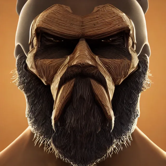 Image similar to highly detailed 3 d model of cybertronic beard man, studio light directed gaze finely detailed model, perfectly symmetrical face, centered, digital painting, artstation, trending on pixiv fanbox concept art, smooth background, sharp focus, illustration, golden ratio,