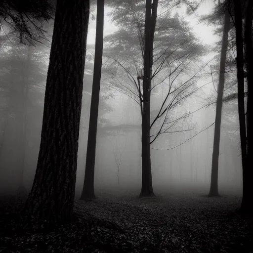 Image similar to deep misty forest with black hairy demon behind the tree, monochrome lomography