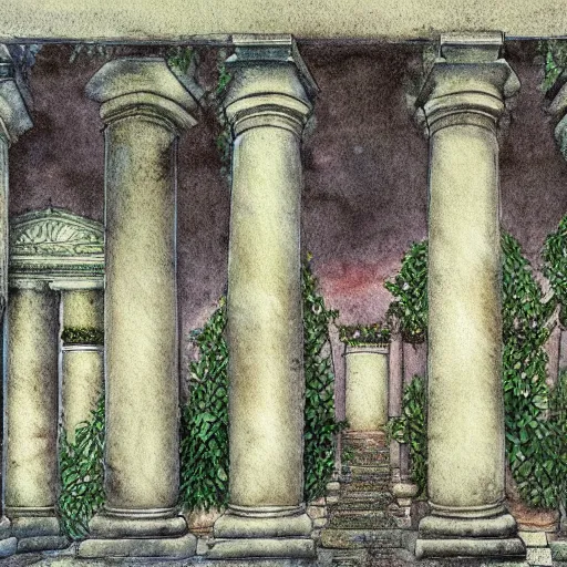 Image similar to delicate marble garden on paper floating puffy vines botanical herbarium botanic watercolors coastline iridescent 8 k wide angle realistic shaded fine details, artstation italian rainbow colonnade oak pinecone gardena architecture pompeii boundary wall