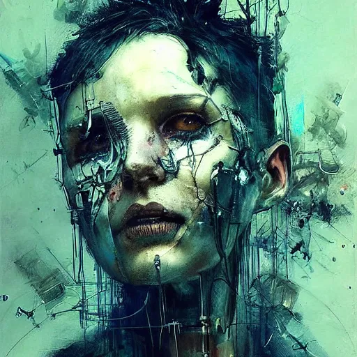 Image similar to cybernetic dream hunter, cyberpunk, wires, skulls!! machines ( by emil melmoth zdzislaw belsinki craig mullins yoji shinkawa ) realistic render ominous detailed photo atmospheric by jeremy mann francis bacon and agnes cecile ink drips paint smears!! digital glitches glitchart!!