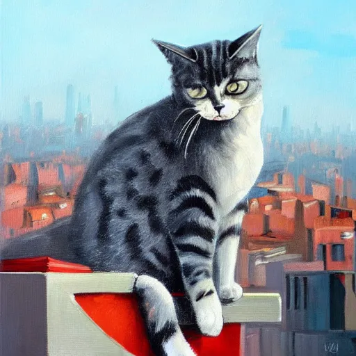 Prompt: an oil painting of a cat on top of a building looking over a city trending on art station