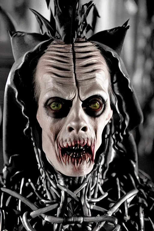 Image similar to dressed steve buscemi, a sinister demonic queen of cenobites, symmetrical, cinematic, elegant, demonic atmosphere, professional studio light, real dlsr photography, sharp focus, costume made by clive barker, real rotten flesh, blood and bones, 4 k, ultra hd, sense of awe