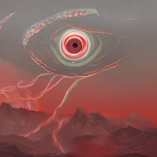 Prompt: translucent fleshy column of gory tendrils holding up a giant all - seeing eyeball, sharp mountains in the distance, dark red sky, smoke rising, apocalyptic, extremely detailed