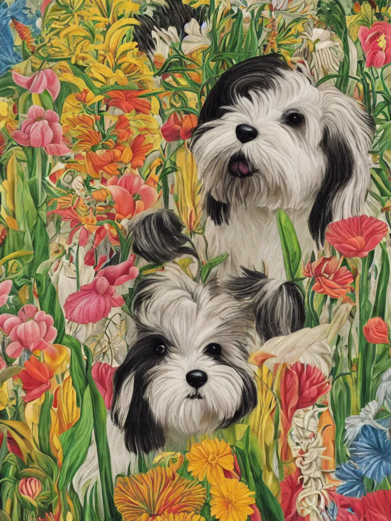 Image similar to a cream colored havanese dog, surreal background, plants and flowers, mexican art, naive art, by frida kahlo