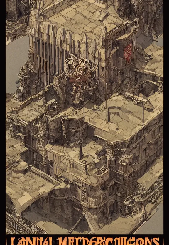 Image similar to [Art nouveau poster of a bunker adorned with gargoyles and checkered flags. Propaganda poster!, intricate, elegant, highly detailed, digital painting, artstation, concept art, matte, sharp focus, illustration, art by Enki Bilal and Moebius]