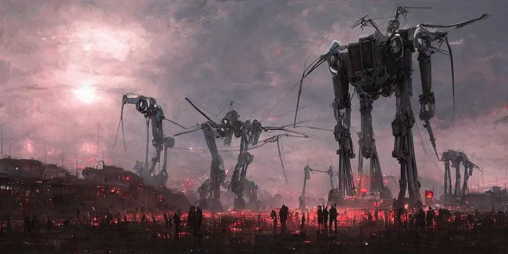 Image similar to tokyo, war of the worlds, giant mech, human soldiers, intense fighting, glowing lights! digital painting, very detailed, art by jakub rozalski