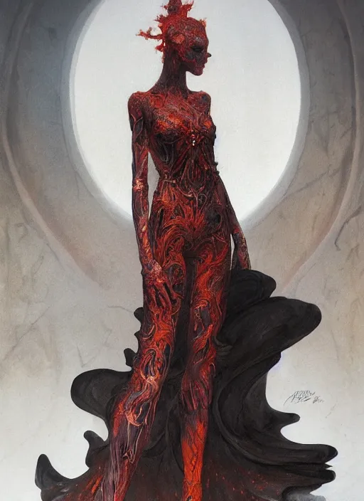 Image similar to Girl at a fashion show in hell, model a magnificent McQueen couture bright clothes, fashion style, horror, fire, lava, intricate, elegant, highly detailed, artstation, concept art, smooth, sharp focus, illustration, art by and greg rutkowski and orientalism and bouguereau and Zdzislaw Beksinski