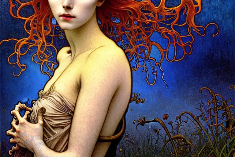 Image similar to realistic detailed portrait painting of a beautiful female zombie, nightly graveyard landscape background by Jean Delville, Amano, Yves Tanguy, Alphonse Mucha, Ernst Haeckel, Edward Robert Hughes, Roger Dean, masterpiece, cinematic composition, dramatic pose, 4k details, rich moody colours, blue eyes