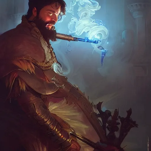 Image similar to a man vaping , D&D, fantasy, intricate, cinematic lighting, highly detailed, digital painting, artstation, concept art, smooth, sharp focus, illustration, art by Artgerm and Greg Rutkowski and Alphonse Mucha
