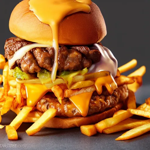 Image similar to stage photography highly detailed studio lighting food photography of a towering triple cheeseburger with melted cheese and fries on the side, stunning quality of scrumptious food