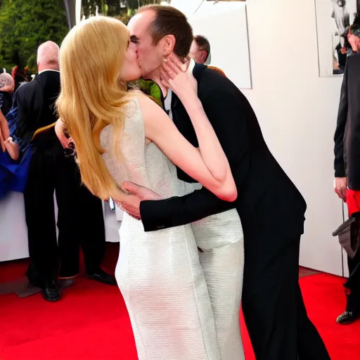 Prompt: Kermit the Frog in a suit and tie kissing Nicole Kidman in a dress on the red carpet movie still photo journalism 4k