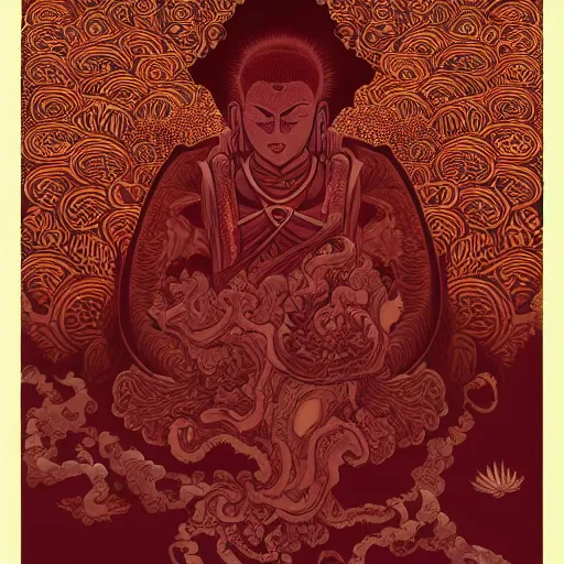 Image similar to dark red paper with intricate designs, tarot card, a mandelbulb fractal southeast asian buddha statue, full of golden layers, flowers, cloud, vines, mushrooms, swirles, curves, wave, by hokusai and mike mignola, trending on artstation, elaborate dark red ink illustration