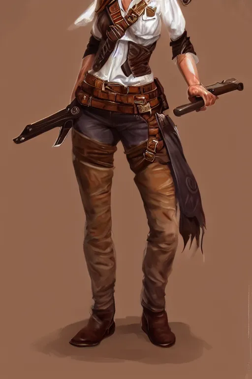 Image similar to full body, female cowgirl, perfect face, white blouse, long rifle, 8 k, magic the gathering, desert, d & d, artstation