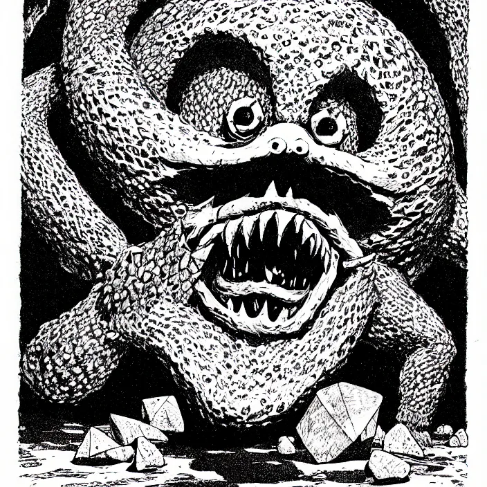 Prompt: an octorok spitting rocks, as a d & d monster, pen - and - ink illustration, etching, by russ nicholson, david a trampier, larry elmore, 1 9 8 1, hq scan, intricate details, high contrast