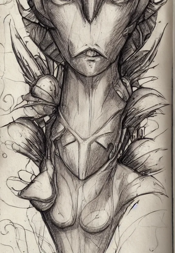 Image similar to fantasy, symmetrical beautiful human face, female humanoid creature, vascularity, plant armour, shell head piece, muscular, large cute anime eyes, stylised, torso and head, bust, diagram, sketchbook, greys anatomy book, sketches, on old distressed parchment paper, watercolour, by brian froud