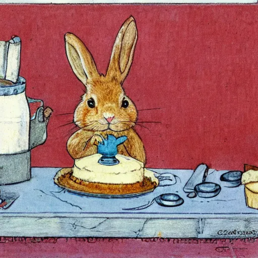 Prompt: a rabbit baking a cake, in the style of Carl Larsson