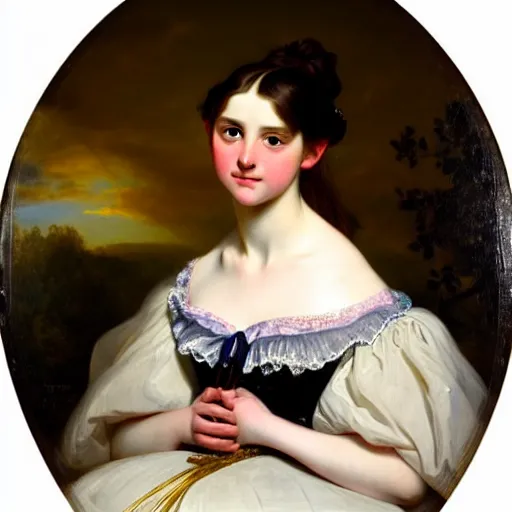 Image similar to portrait of a german teenage princess, circa 1 8 5 0 by franz xaver winterhalter, highly detailed, beautiful, oil on canvas, 1 8 5 0 s, romanticism