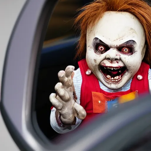 Prompt: a screaming chucky doll in rear view mirror