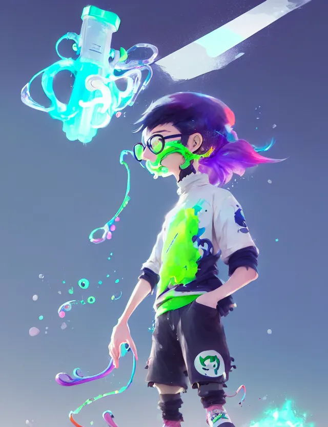 Image similar to a beautiful portrait of a cute splatoon anime boy wearing sport clothing and leggings under shorts barefoot. character design by cory loftis, fenghua zhong, ryohei hase, ismail inceoglu and ruan jia. artstation, volumetric light, detailed, photorealistic, fantasy, rendered in octane