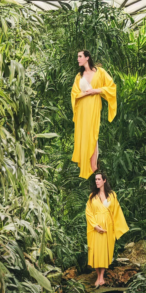 Image similar to Large format Portrait of Jennifer Connelly wearing a yellow kimono in a tropical greenhouse with a very detailed barn owl on her shoulder, medium format camera, 85mm f1.8, bokeh, sharp focus, detailed, centered, Fashion shoot 8k, dreamy, elegant