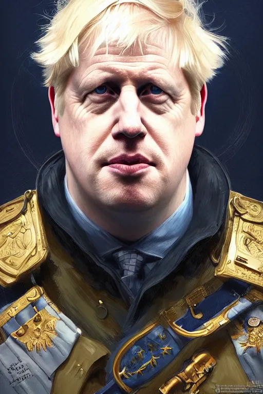 Image similar to Boris Johnson as a NATO commander, visible face, realistic portrait, gold and blue, highly detailed, digital painting, artstation, concept art, smooth, sharp focus, illustration, cinematic lighting, art by artgerm and greg rutkowski and alphonse mucha