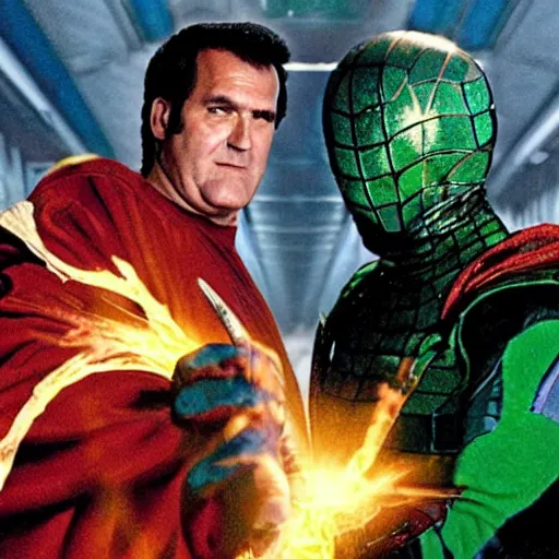 Image similar to Bruce Campbell as mysterio fighting spiderman with a chainsaw hand