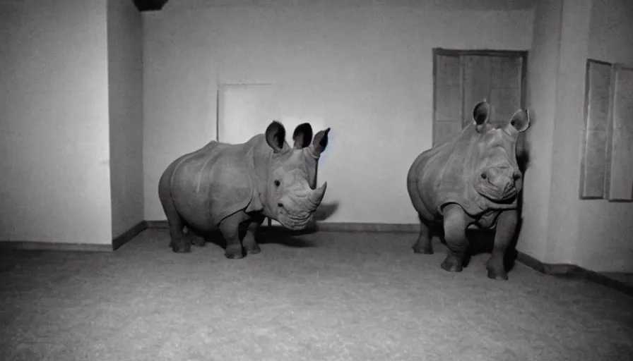 Image similar to a rhinoceros in a stalinist style room, by mini dv camera, very very low quality, heavy grain, very blurry, accidental flash, caught on trail cam