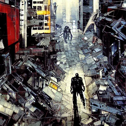 Image similar to a full-metal robot walks around the devastated downtown of Santiago of Chile, oil on canvas by Yoji Shinkawa and Dave McKean