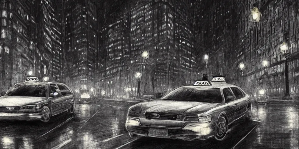 Image similar to cartoonish taxi through the streets of chicago, night time, dramatic lighting, german expresionism, noir film, character sheet, fine details, concept design, high contrast, anthrophomorfic animals, kim jung gi, greg rutkowski, trending on artstation, 8 k, full body, turnaround, front view, back view, ultra wide angle