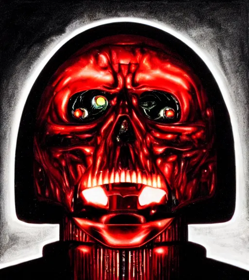 Image similar to profile picture of terminator with red eyes, surrounded by beams of light dark background by wayne barlow, stanley donwood, anton semenov, zdzislaw bekinski, hr giger, 8 k, fantasy, dark, highly detailed