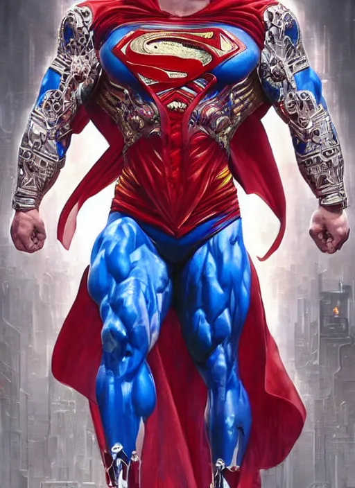 Image similar to portrait of crossfit bodybuilder fitness muscular superman!, futuristic detailed ornate cyberpunk costume!, red and blue costume!!, pale skin!, no logo!!!, painted art by tsuyoshi nagano, greg rutkowski, artgerm, alphonse mucha, spike painting