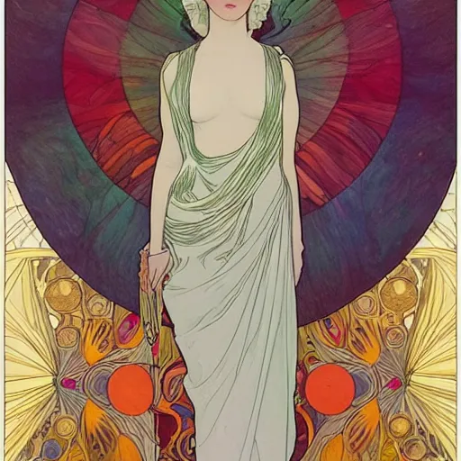 Prompt: The Goddess of Art, paint, ink, palettes, spectrum, in the style of Joshua Middleton, Mucha, Kandinsky