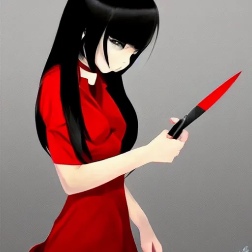 Image similar to a girl with black hair wearing a red dress, she is holding a knife, anime art, smooth, scary atmosphere, hd, Cushart Krenz