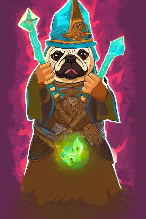 Image similar to Portrait of a pug that is a wizard casting a spell , wizard, medieval, sticker, colorful, casting epic spell, magic the gathering artwork, D&D, fantasy, artstation, heroic pose, illustration, highly detailed, simple, smooth and clean vector curves, no jagged lines, vector art, smooth