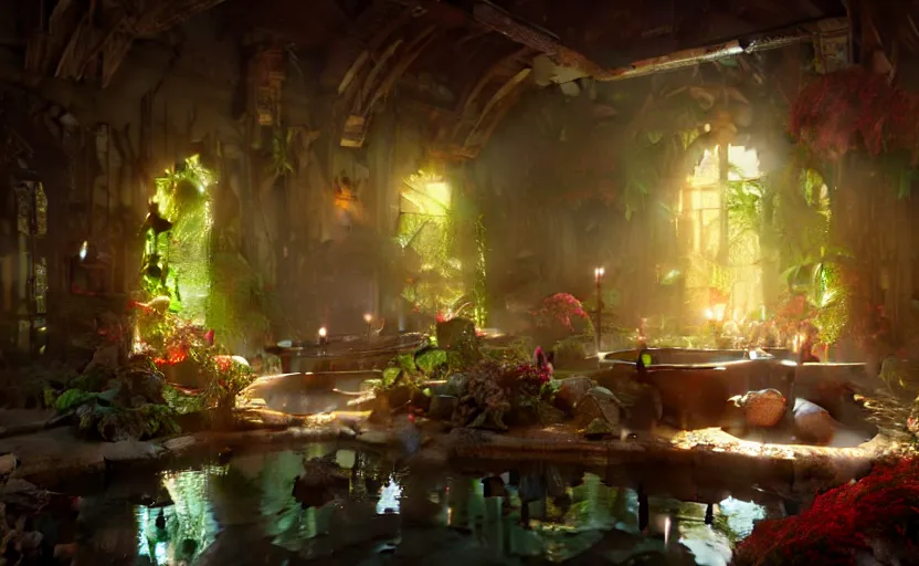 Image similar to painting of an interior of a hot spring with candles, fantasy, lush plants and flowers, natural light, concept art, by greg rutkowski and craig mullins, cozy atmospheric and cinematic lighting, trending on artstation