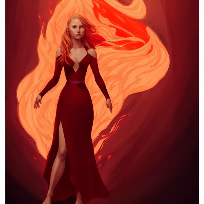 Image similar to style artgerm, joshua middleton, beautiful kristen bell with dark red dress, very long orange hair, symmetrical face, symmetrical eyes, fire powers fire swirling, detailed, volcano setting, cinematic lighting