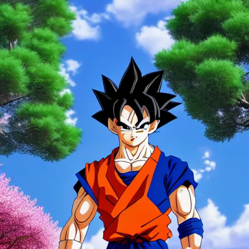 Image similar to ultrawide photo of goku wearing tuxedo standing in front of sakura trees, highly detailed, 8 k