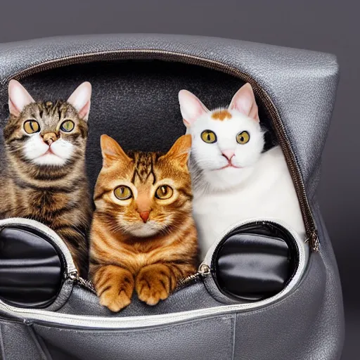 Image similar to a highly detailed photo of multiple furry cats, they are inside a big handbag, gray background, studio lighting, 4 k, 8 k