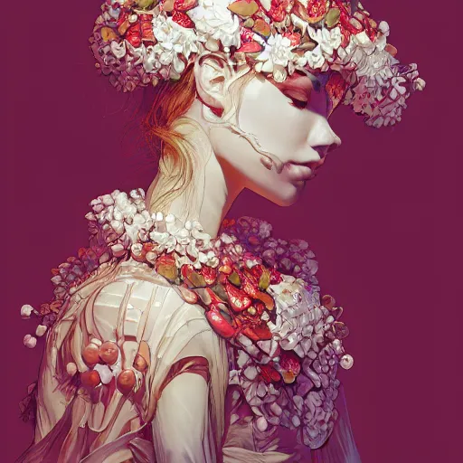 Image similar to the portrait of an absurdly beautiful, graceful, elegant, sophisticated, fashionable young woman made of strawberries and white petals with tears, an ultrafine hyperdetailed illustration by kim jung gi, irakli nadar, intricate linework, bright colors, octopath traveler, final fantasy, unreal engine 5 highly rendered, global illumination, radiant light, detailed and intricate environment