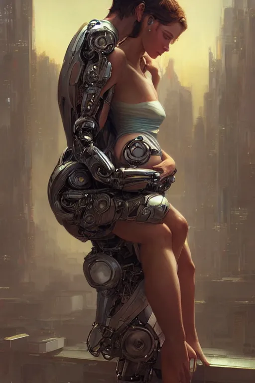 Prompt: Ultra realistic illustration,robot carries a woman in his arms, cyberpunk, sci-fi, fantasy, intricate, elegant, highly detailed, digital painting, artstation, concept art, smooth, sharp focus, illustration, art by artgerm and greg rutkowski and alphonse mucha