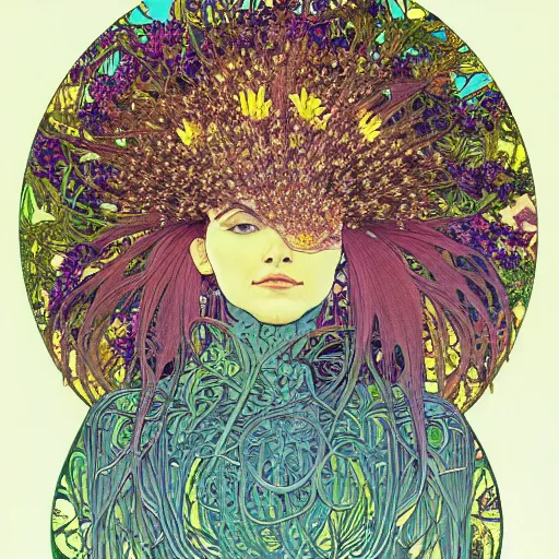 Image similar to portrait of a beautiful healthy wholesome woman made out of wildflowers only flora fauna hyperdetailed intricate detailed maximalist hyperrealism psychedelic nonsensical warped visionary art illusionary art by greg rutowski yoji shinkawa moebius alphonse mucha victo ngai yoji shinkawa apophasis shintaro kago apophasis human body apophasis