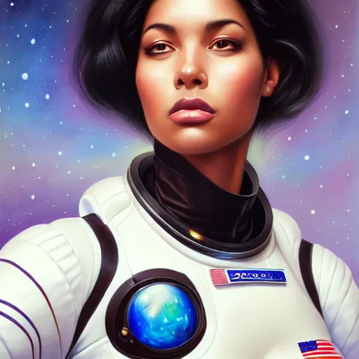 Image similar to a portrait of a very BIPOC beautiful woman in a spacesuit, brown eyes, shoulder-length black hair, Alexandria's genesis, bored, illustration, soft lighting, soft details, painting oil on canvas by mark arian by artgerm, trending on artstation, 4k, 8k, HD