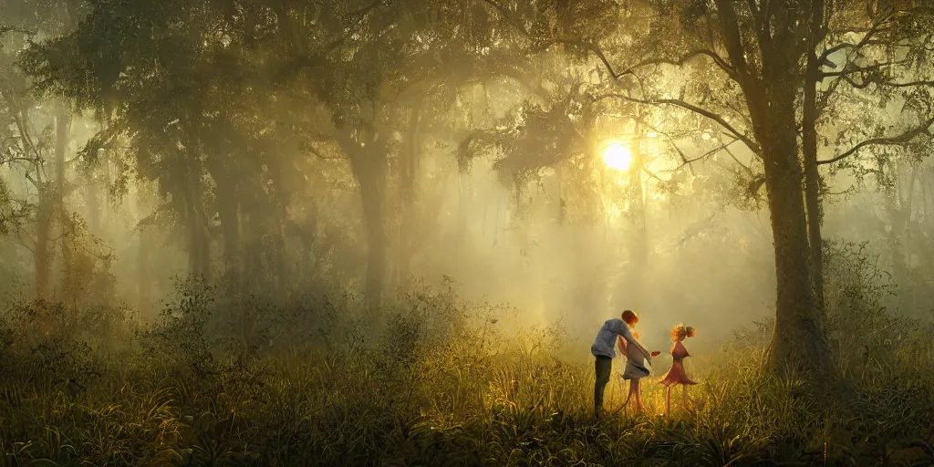 Image similar to misty swamp, hazy fog, sundown golden hour, early morning dance, fireflies and sparkling wisps, sun rays through trees, Lilia Alvarado, Sophie Anderson, Mark Arian, Bob Byerley, Charlie Bowater, Mark Brooks, Steve Henderson, Justin Gerard, Arthur Hughes, Edward Robert Hughes, Mark Keathley, Victor Nizovtsev, Carlos Shwabe, Ross Tran, WLOP